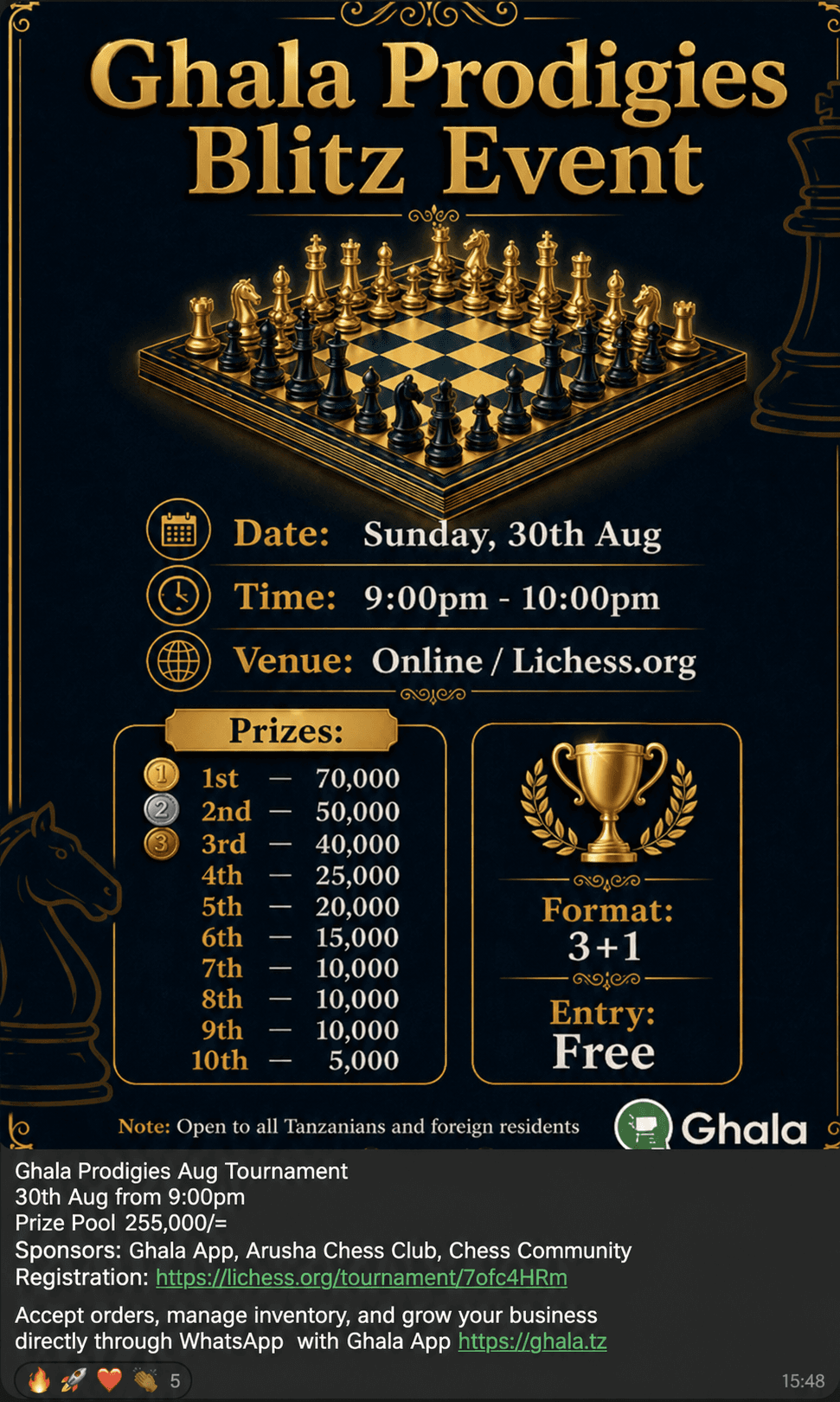 WhatsApp announcement and poster for the Ghala Prodigies Blitz Event