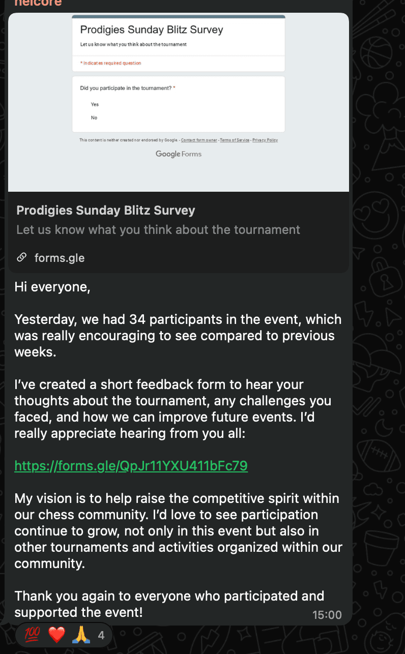 Community message inviting players to complete the Prodigies Sunday Blitz feedback survey