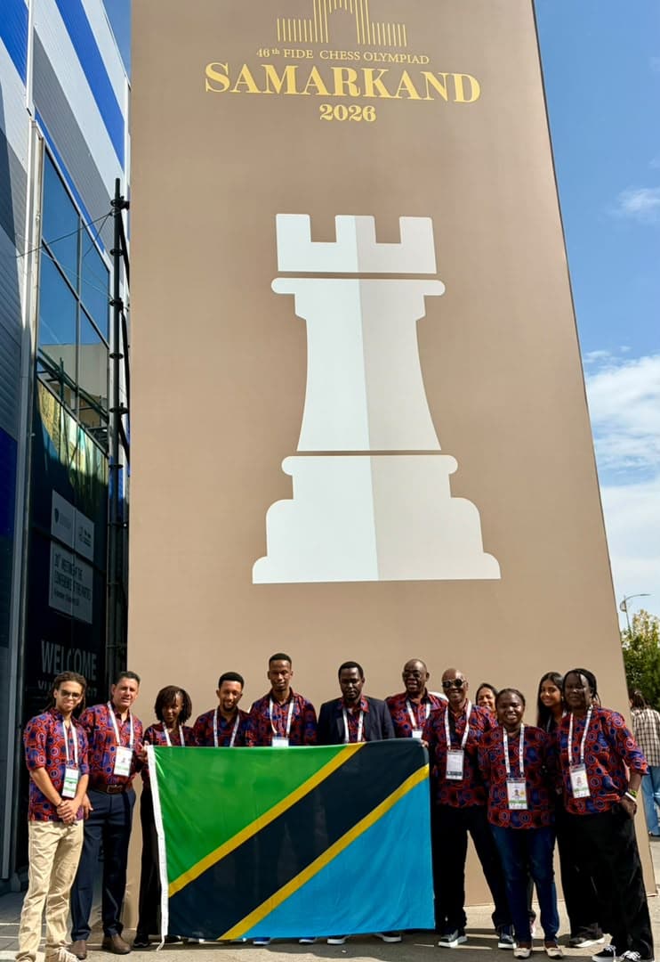 Team Tanzania beneath the Samarkand 2026 sign.